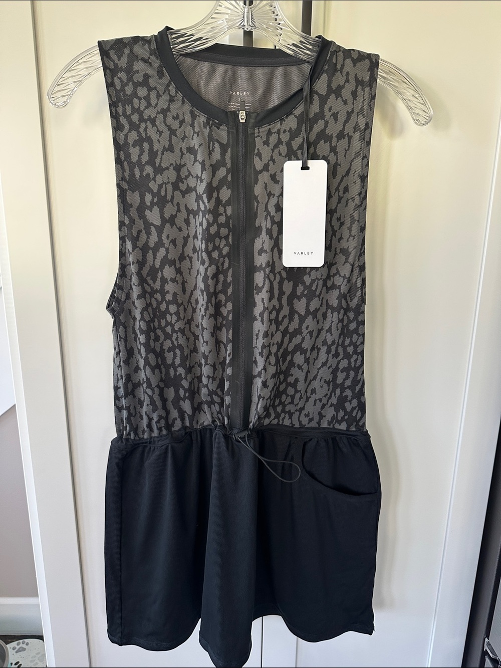Varley Black and Charcoal Leopard Zip-Front Sleeveless Romper